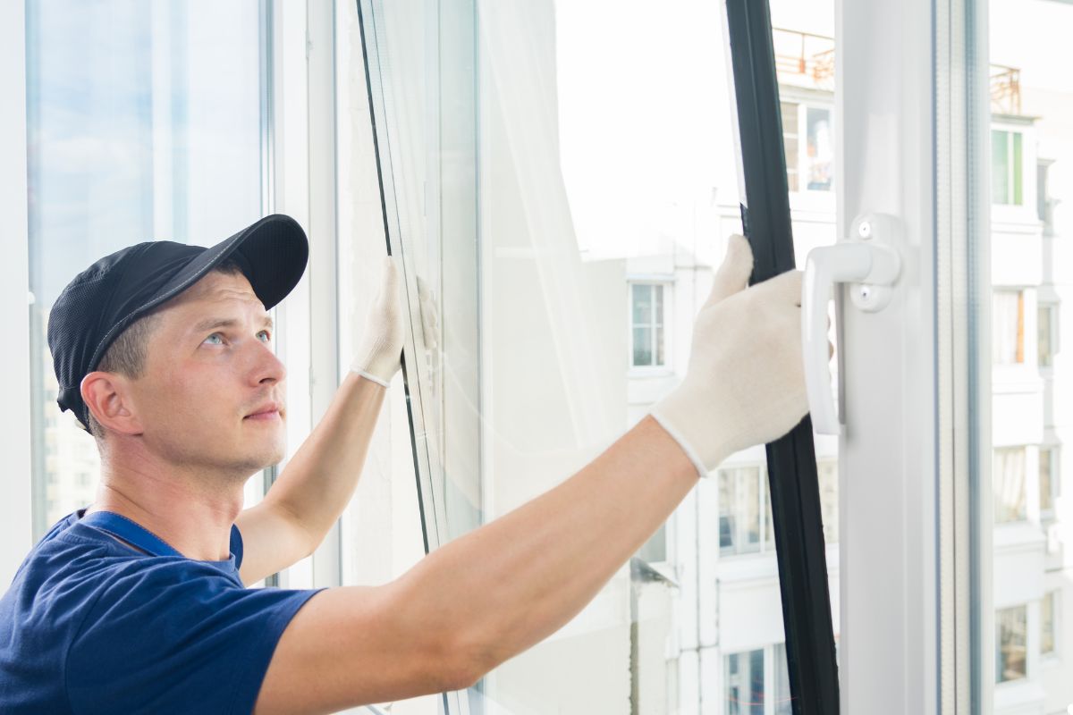 A man wearing a blue shirt and hat cleans a window with a cloth, focused on his task.