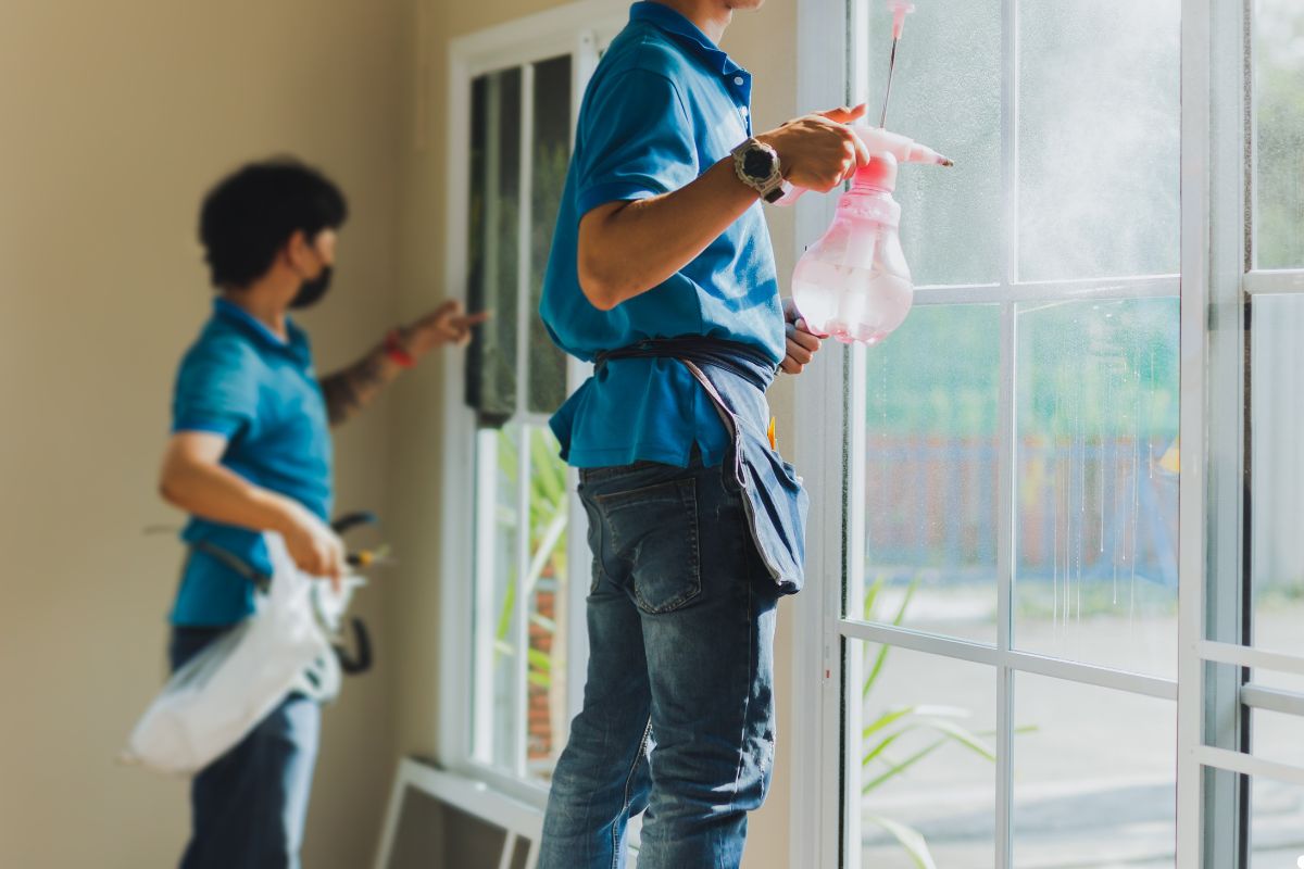 Two men using a vacuum cleaner to clean windows on a tall building, showcasing teamwork and window maintenance. 