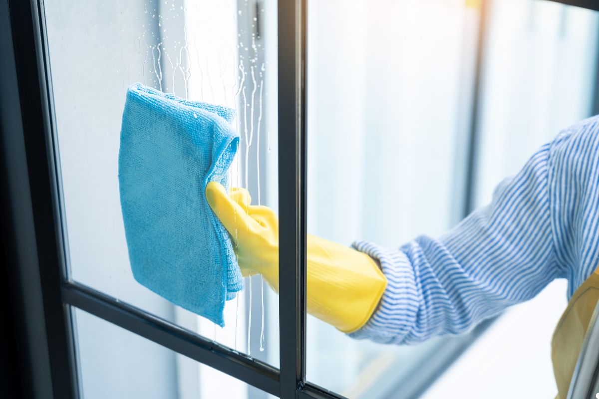 A person wearing an apron and rubber gloves cleans a window, focusing on removing dirt and streaks for a clear view.